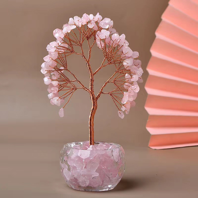 Pink Natural Crystal Tree Ornament – Handmade Miniature Decorative Tree with Glass Base for Home