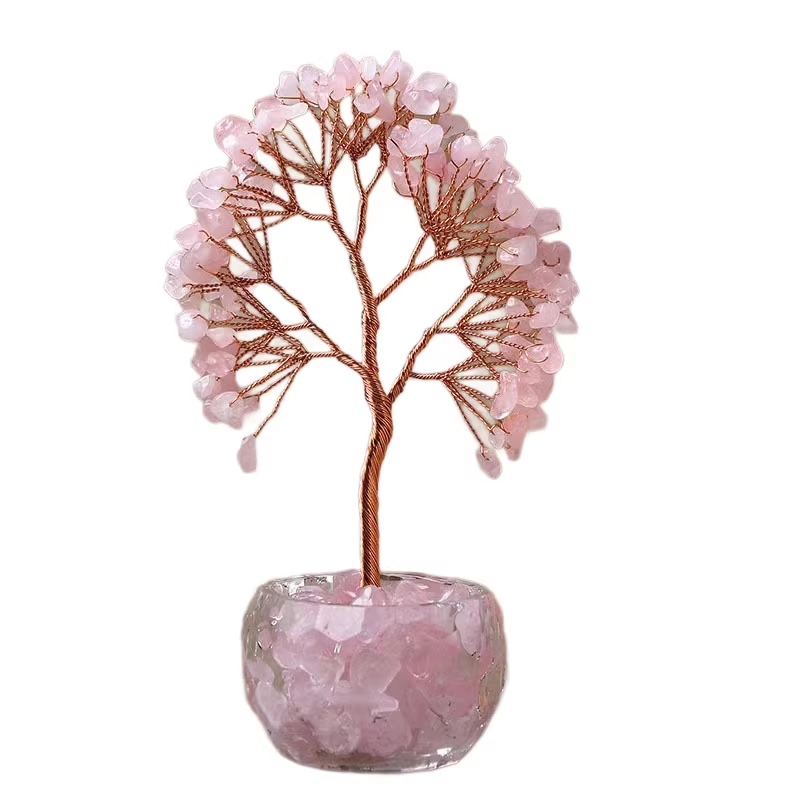 Pink Natural Crystal Tree Ornament – Handmade Miniature Decorative Tree with Glass Base for Home