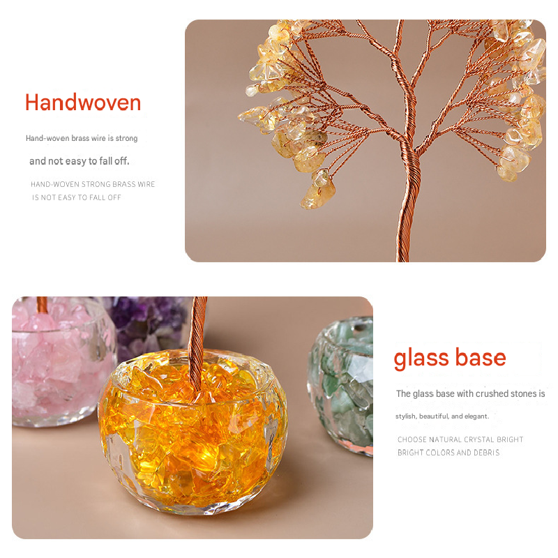 Pink Natural Crystal Tree Ornament – Handmade Miniature Decorative Tree with Glass Base for Home
