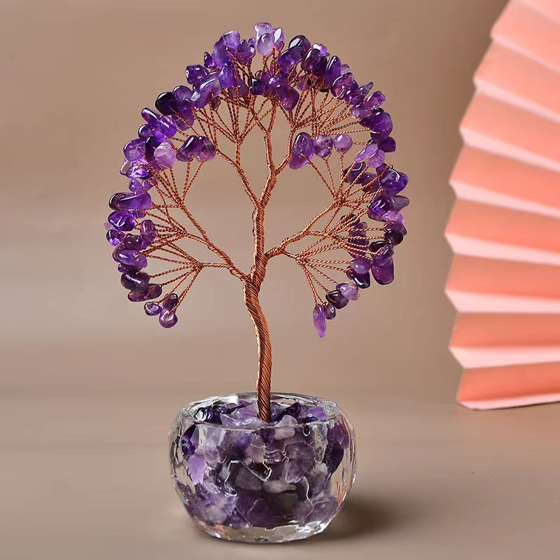 Purple Natural Crystal Tree Ornament – Handmade Miniature Decorative Tree with Glass Base for Home