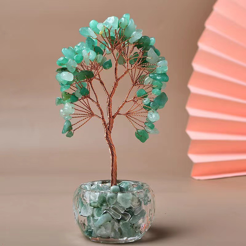 Green Natural Crystal Tree Ornament – Handmade Miniature Decorative Tree with Glass Base for Home