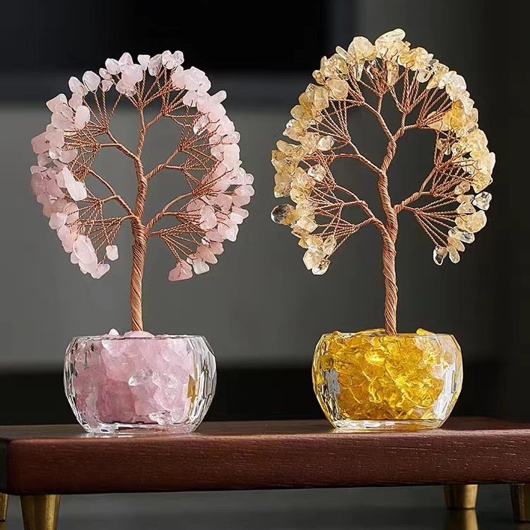 Green Natural Crystal Tree Ornament – Handmade Miniature Decorative Tree with Glass Base for Home