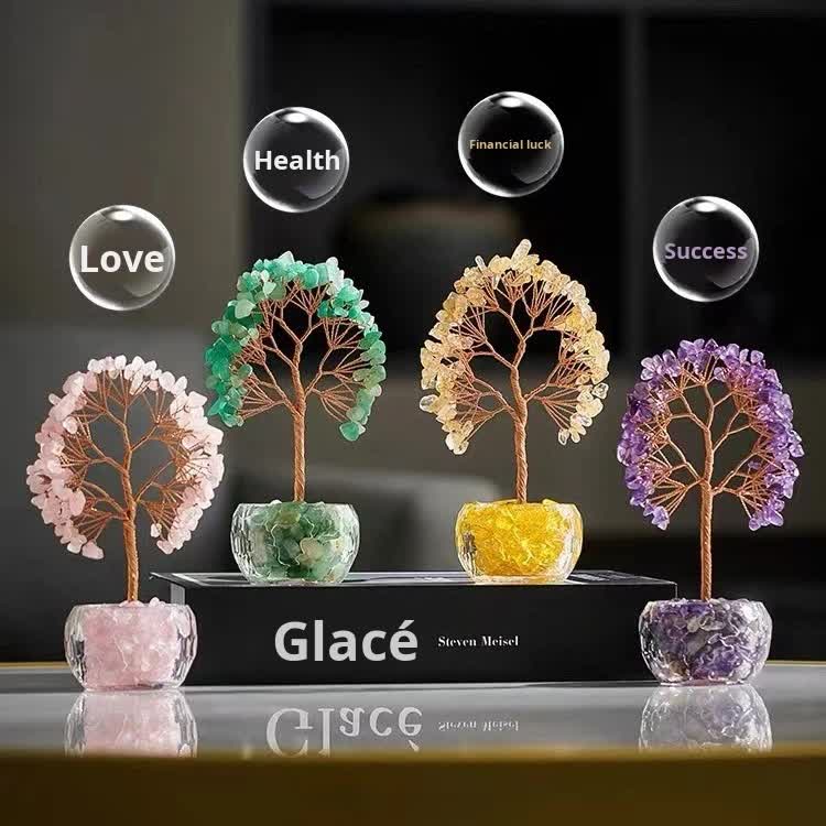 Green Natural Crystal Tree Ornament – Handmade Miniature Decorative Tree with Glass Base for Home