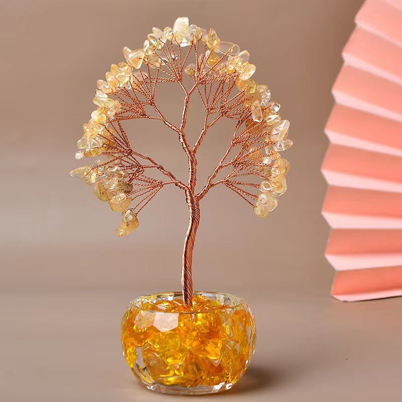 Yellow Natural Crystal Tree Ornament – Handmade Miniature Decorative Tree with Glass Base for Home