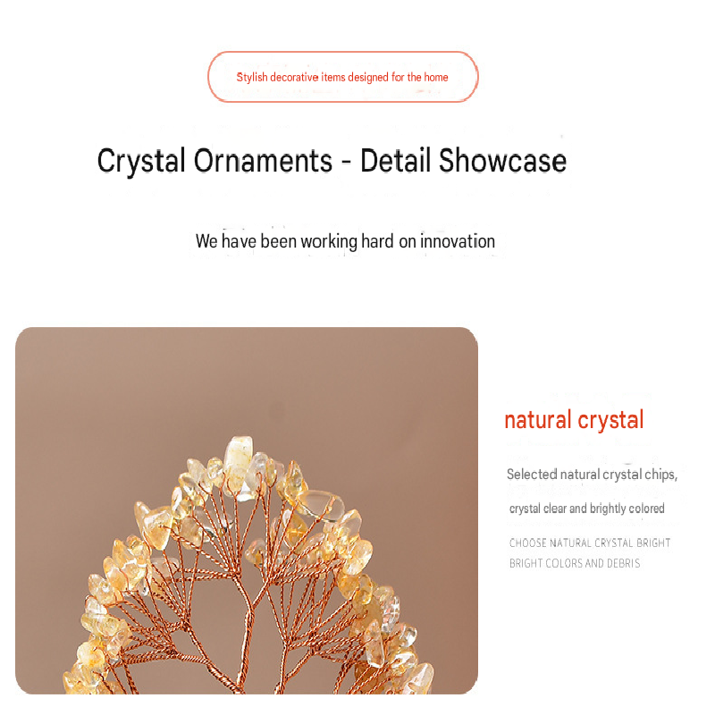 Yellow Natural Crystal Tree Ornament – Handmade Miniature Decorative Tree with Glass Base for Home