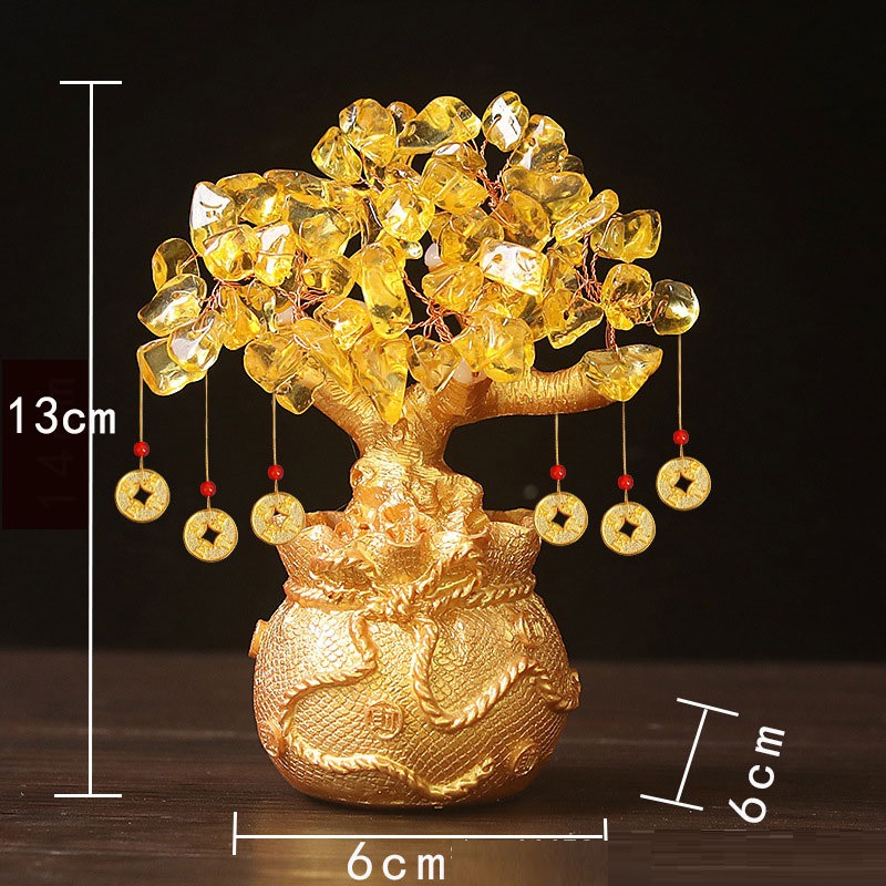 Yellow Handcrafted Crystal Tree Ornament – Resin Money Bag Base with Hanging Coin Charms for Home & Office Decor Yellow Handcrafted Crystal Tree Ornament – Resin Money Bag Base with Hanging Coin Charms for Home & Office Decor