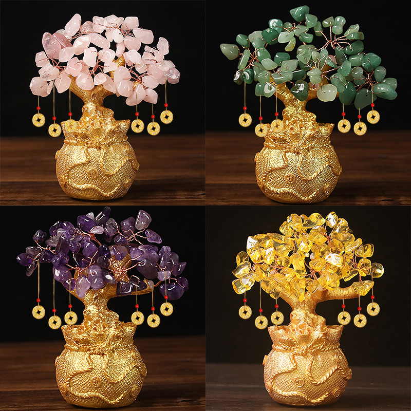 Purple Handcrafted Crystal Tree Ornament – Resin Money Bag Base with Hanging Coin Charms for Home & Office Decor