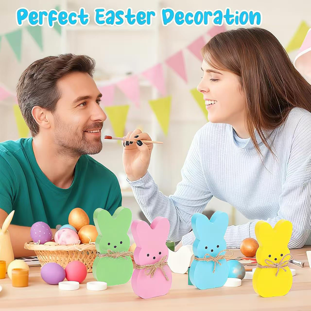 2-PCS Cute Wooden Easter Bunny Decorations Set of 4 in Pastel Colors for Home Tabletop Display Spring Holiday Decor