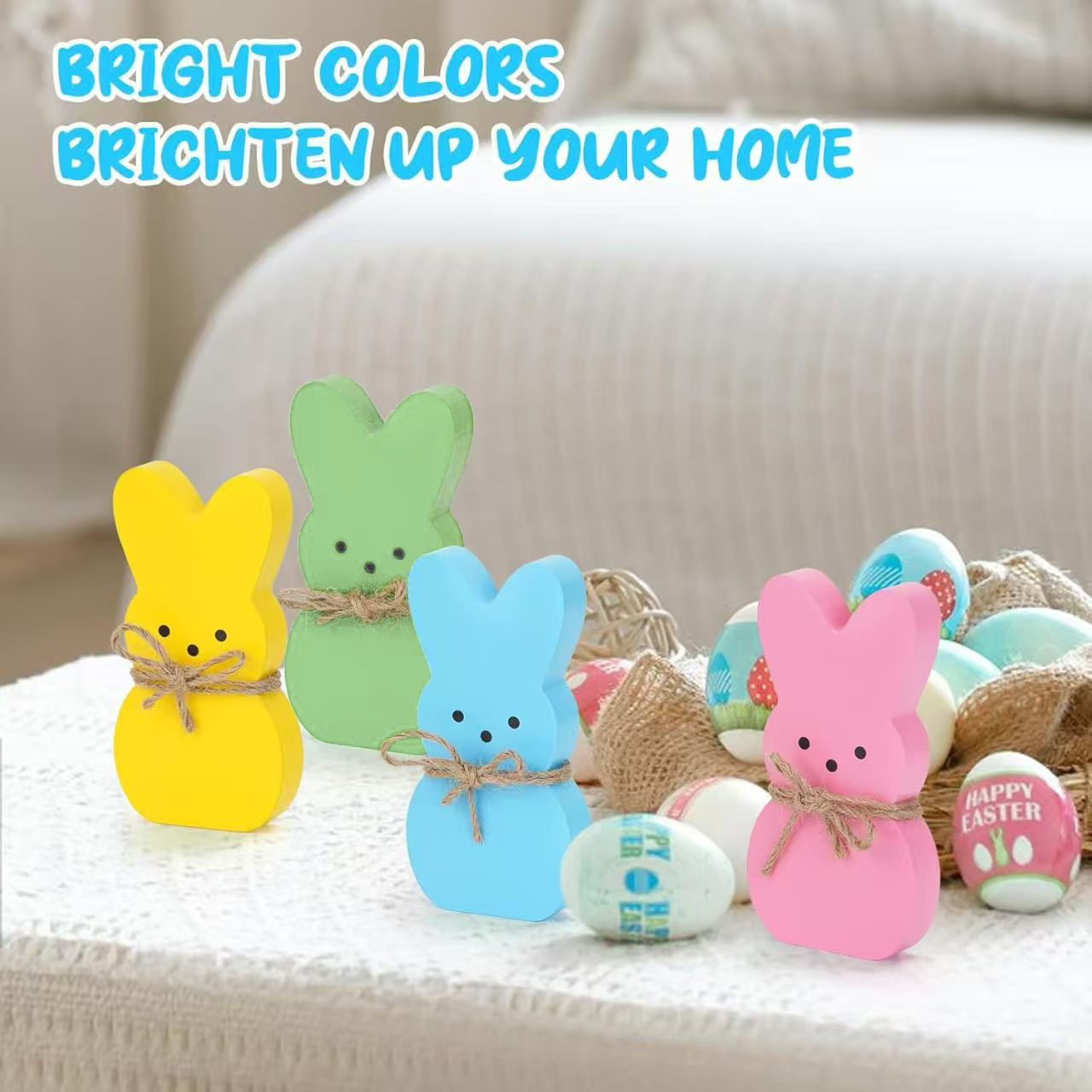 2-PCS Cute Wooden Easter Bunny Decorations Set of 4 in Pastel Colors for Home Tabletop Display Spring Holiday Decor