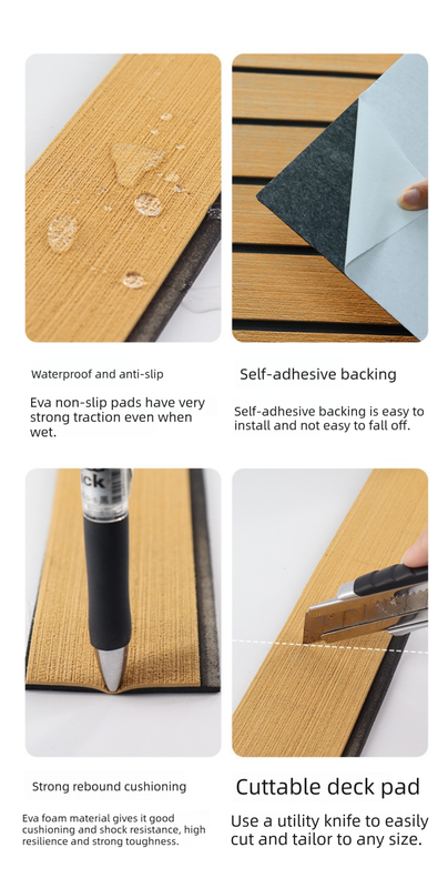 EVA Faux Teak Boat Flooring Border Trim Self Adhesive Marine Decking Strip Non Slip Foam Sheet for Yacht Caravan RV (Light Brown & Black
