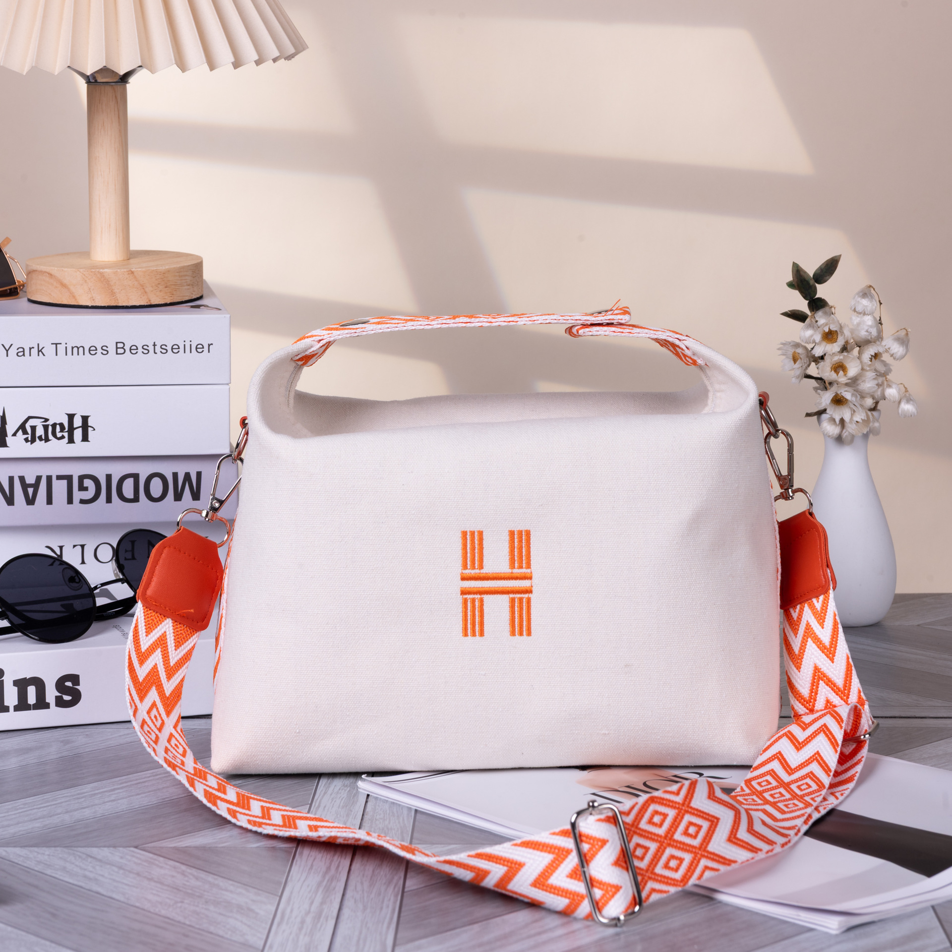 Women's Minimalist Canvas Crossbody Bag with Wide Orange Webbing Strap Casual Shoulder Handbag Large Capacity for Daily Use - Cream White