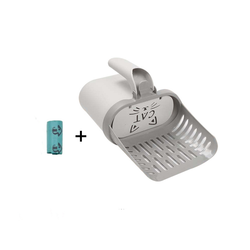 2-in-1 Cat Litter Scoop with Integrated Waste Bin & 1 Roll Refill Bags Detachable Sifter Shovel Anti-Reflux Baffle Grey