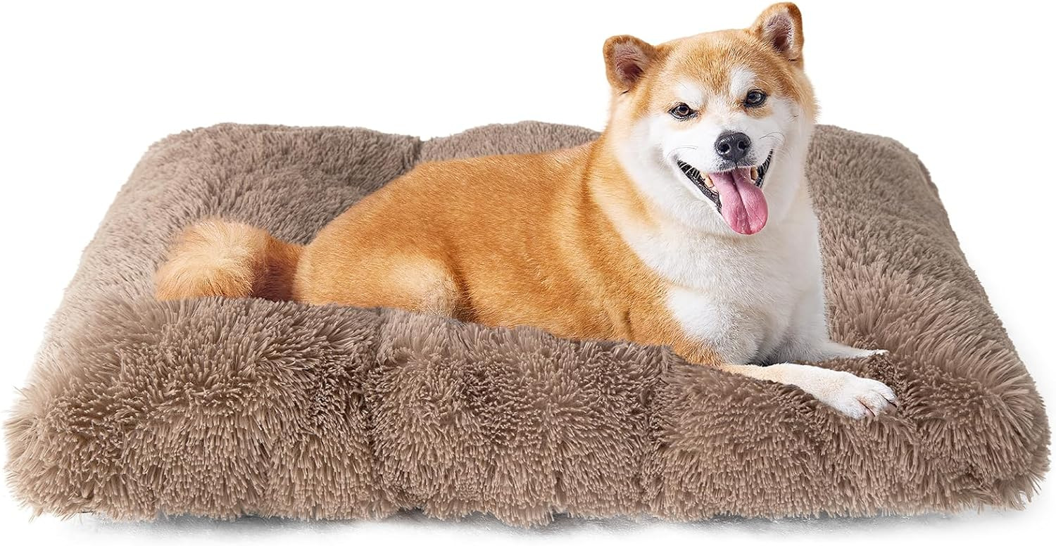 Luxury Long Plush Pet Bed Mat Faux Fur Crate Pad 80x55cm Brown Soft Warm Cushion for Medium to Large Dogs