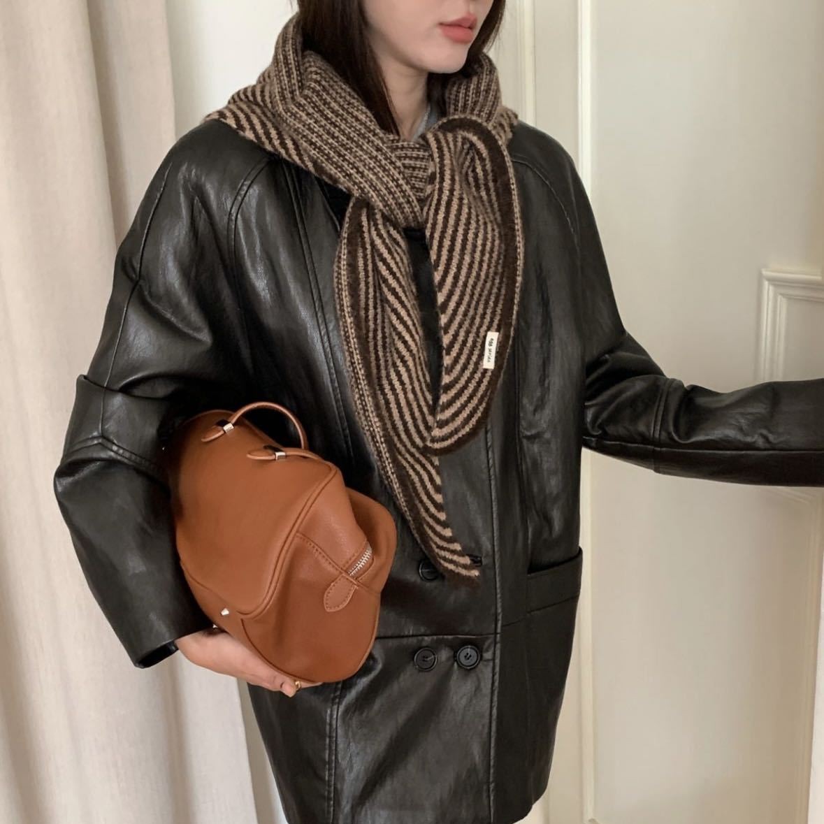 Coffee Striped Wool Blend Knitted Triangle Scarf - Soft Warm Shawl Neck Wrap for Women - Chic Autumn Layering Accessory - Brown