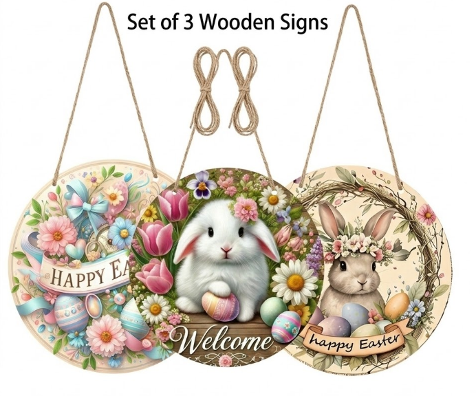 Easter Wooden Door Sign & Hanging Ornament 3-Piece Set – Happy Easter Flowers Easter Wooden Door Sign & Hanging Ornament 3-Piece Set – Happy Easter Flowers