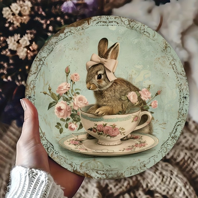Easter Wooden Door Sign & Hanging Ornament 3-Piece Set – Bowknot Teacup Bunny