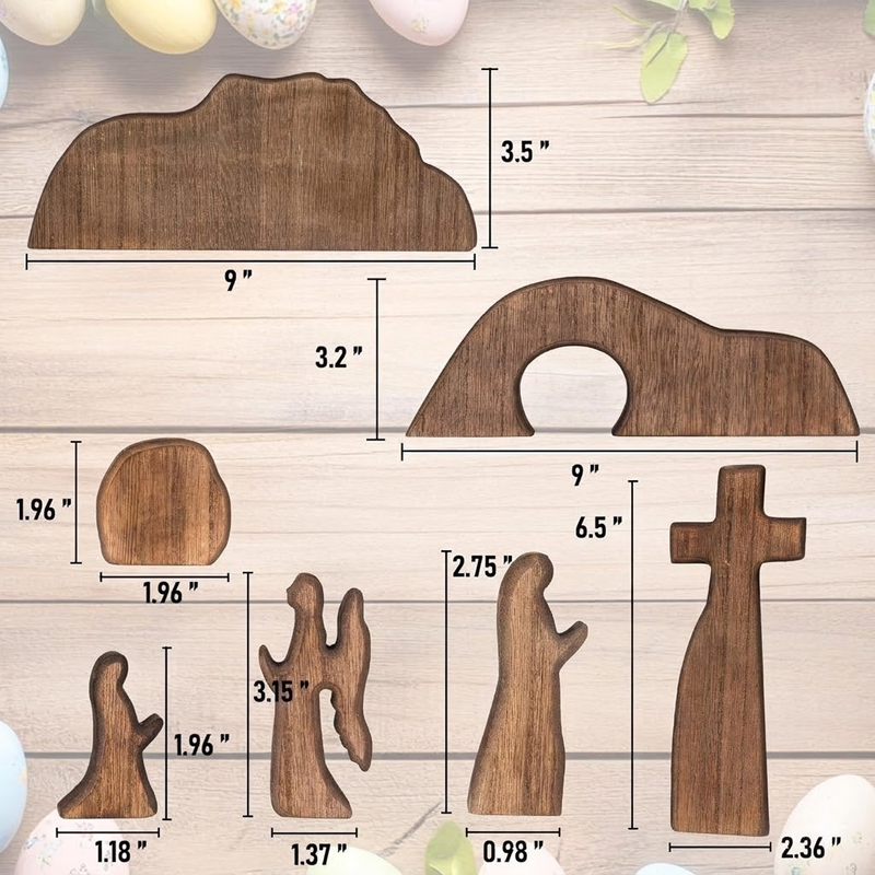 Easter Resurrection Scene 7-Piece Wooden Tabletop Set – Handcrafted Cross