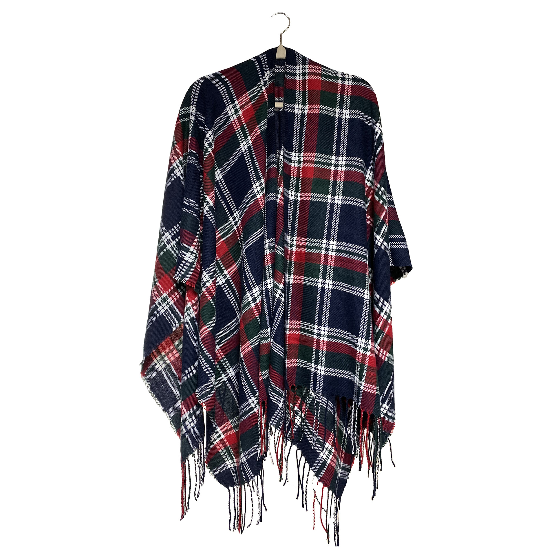 Women's Plaid Open-Front Poncho Cape – Soft Faux Cashmere Scarf Wrap with Tassel Detail (130 x 150cm)- Style P729