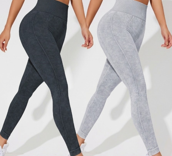2 PCS Women's High Waisted Seamless Yoga Leggings Washed Black and Light Grey Activewear Tights Size XL
