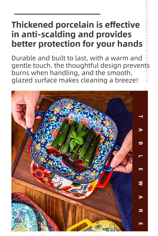 9-Inch Underglaze Ceramic Square Serving Plate with Dual Handles (Glandot Style) - Microwave and Oven Safe Pasta & Fruit Tray