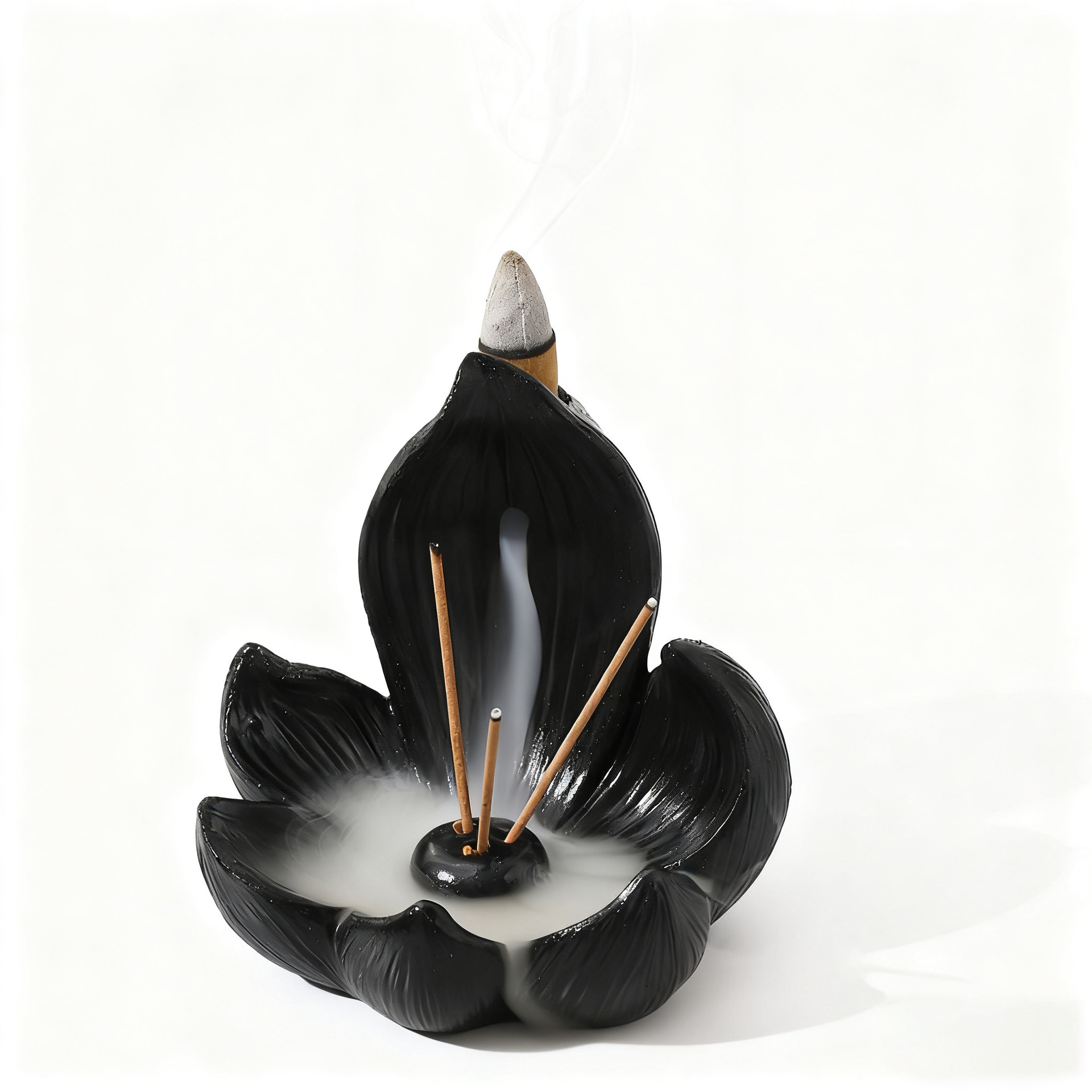 Black Zen Lotus Waterfall Backflow Aroma Diffuser - Premium Elegant Resin Craft for Meditation & Yoga, 10cm Compact Design