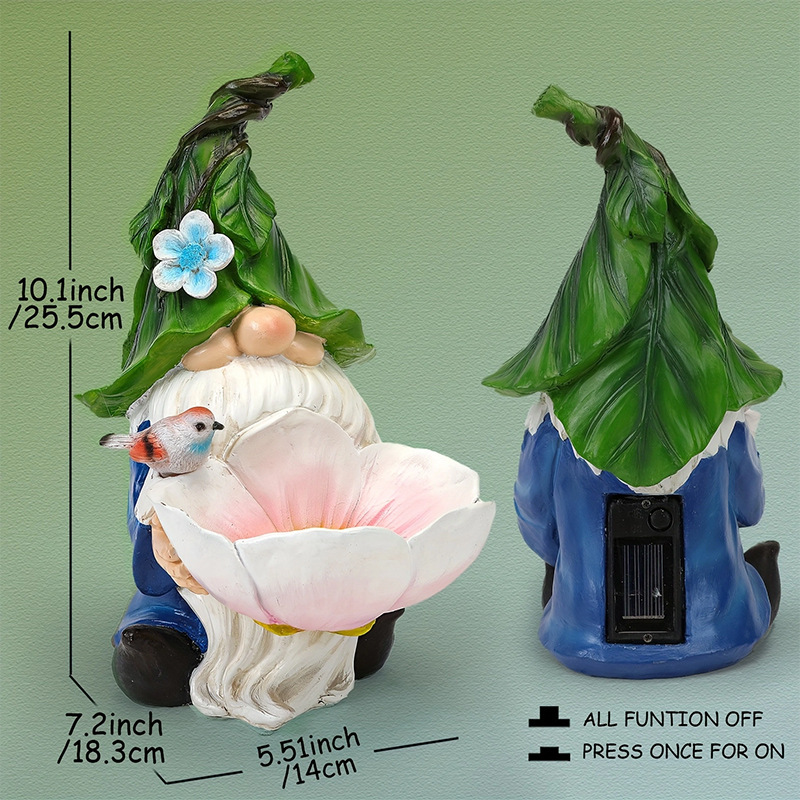 Solar Powered Garden Gnome Bird Feeder with Dual LED Lights - Automatic Night Illumination