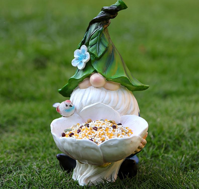 Solar Powered Garden Gnome Bird Feeder with Dual LED Lights - Automatic Night Illumination