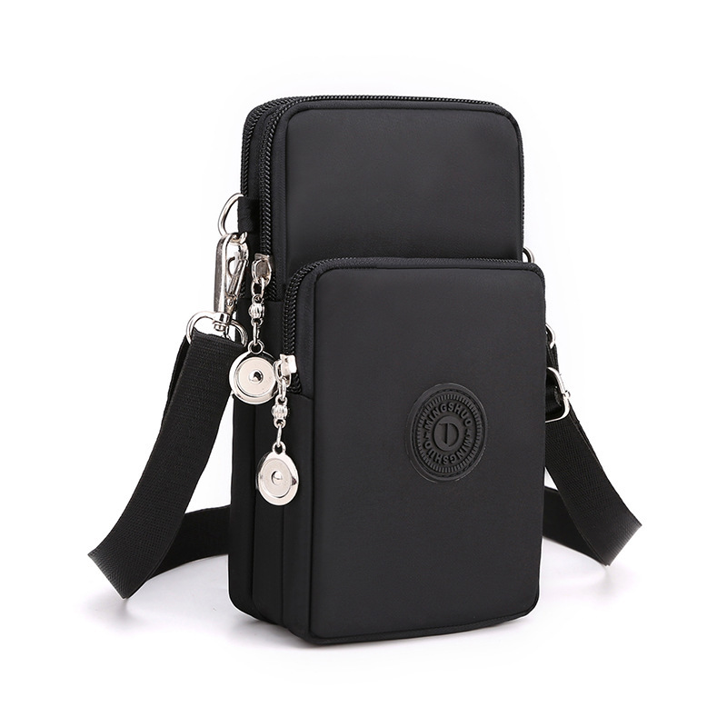 Black 3-Layer Waterproof Nylon Vertical Crossbody Phone Bag - Lightweight Phone Purse with Headphone Jack & Adjustable Strap
