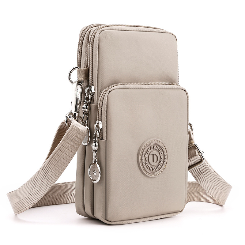 Khaki 3-Layer Waterproof Nylon Vertical Crossbody Phone Bag - Lightweight Phone Purse with Headphone Jack & Adjustable Strap