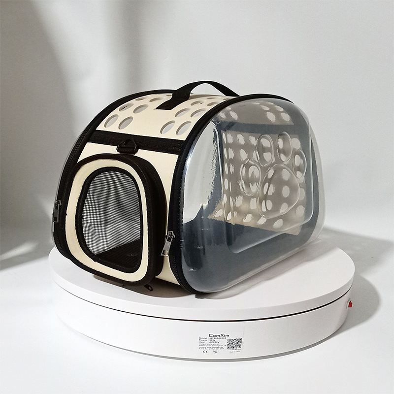 Beige Foldable Breathable Pet Carrier with Panoramic Window & Strap - EVA & Lychee Leather Crossbody Travel Bag (S 35 x 20 x 22CM)