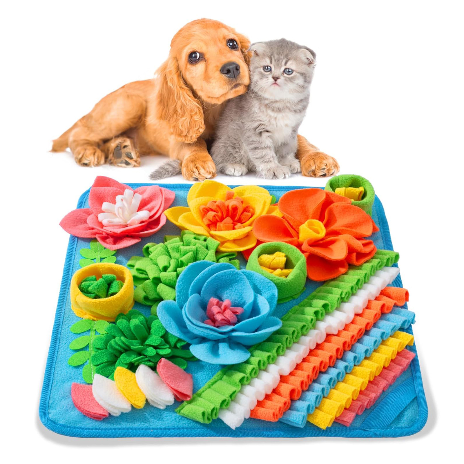 Blue 50X50CM Interactive Fleece Dog Sniffing Mat & Slow Feeder - Stress Relief IQ Training Scent Foraging Blanket for Indoor Cats and Dogs