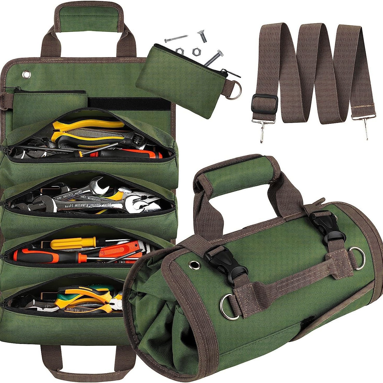 Green Heavy-Duty Oxford Cloth Roll-Up Tool Organizer - Detachable Multi-Purpose Utility Bag for Mechanics, Electricians & Outdoors
