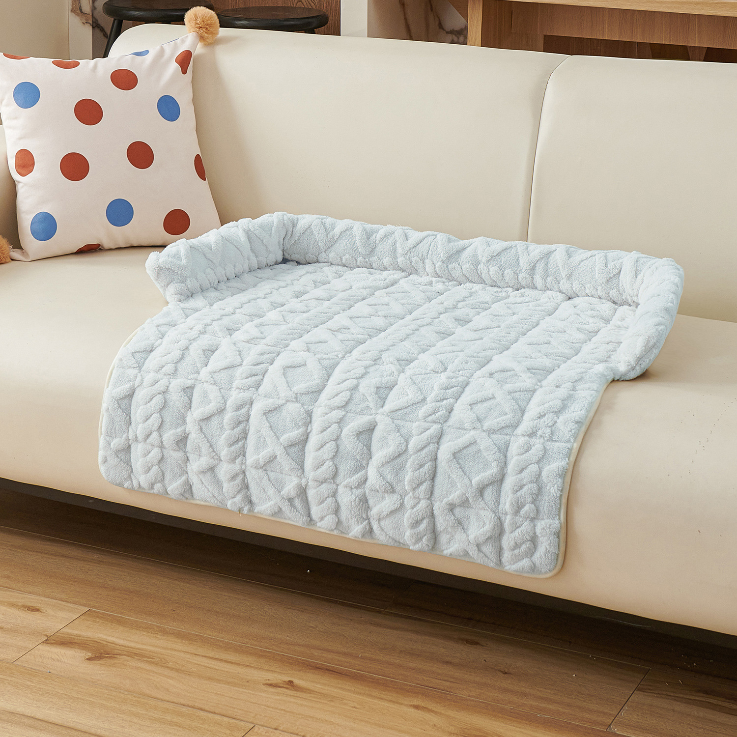 Blue Pet Sofa Protector & Calming Bolster Bed with Cable Knit - 75x75CM Thickened Non Slip Furniture Cover for Cats & Dogs