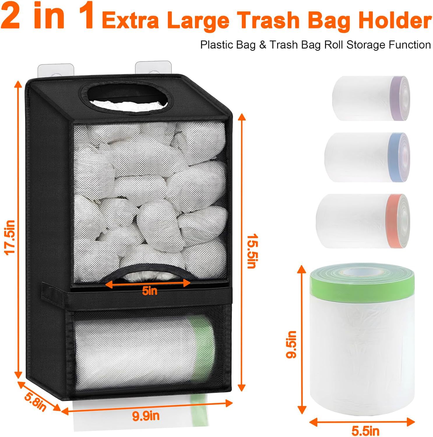 2-in-1 Black Kitchen Plastic Bag & Trash Bag Roll Dispenser - Hanging Grocery & Produce Bag Organizer (17.5x9.9x5.8 inch)