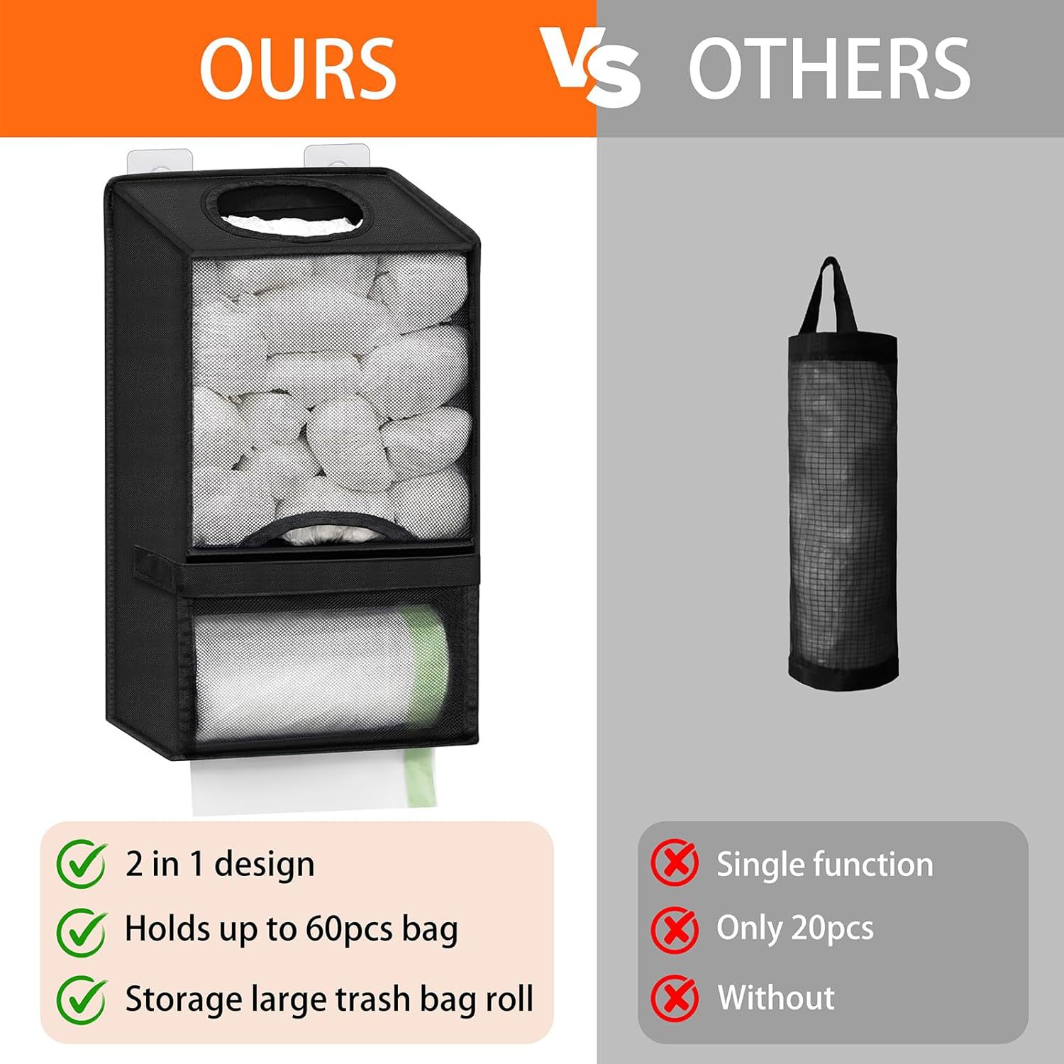 2-in-1 Grey Kitchen Plastic Bag & Trash Bag Roll Dispenser - Hanging Grocery & Produce Bag Organizer (17.5x9.9x5.8 inch)