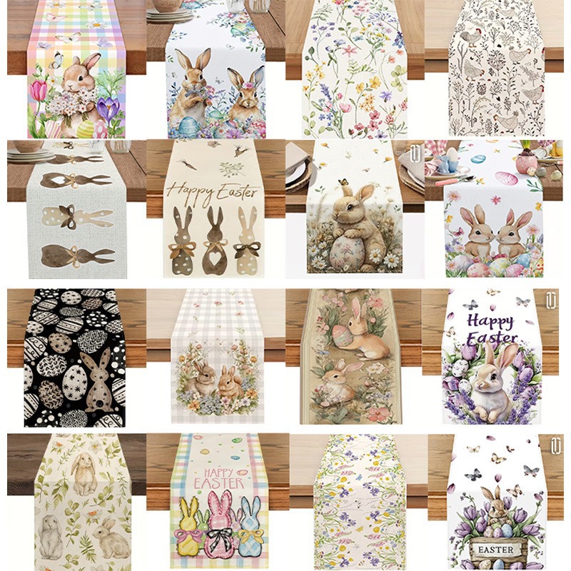 33 x 183 CM Festive Easter Linen Table Runner - Cartoon Bunny Table Runner & Stain-Resistant Primitive Home Decor (Style-6)