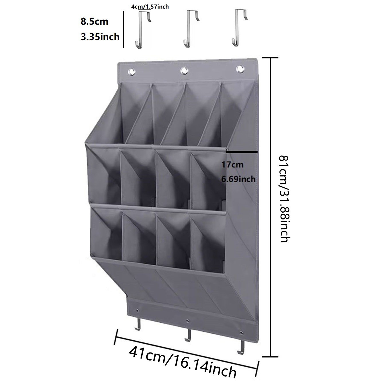 12-Pockets Grey Collapsible Over-the-Door Hanging Storage Bag - Space-Saving Shoes & Sundries Wall Holder with Hooks