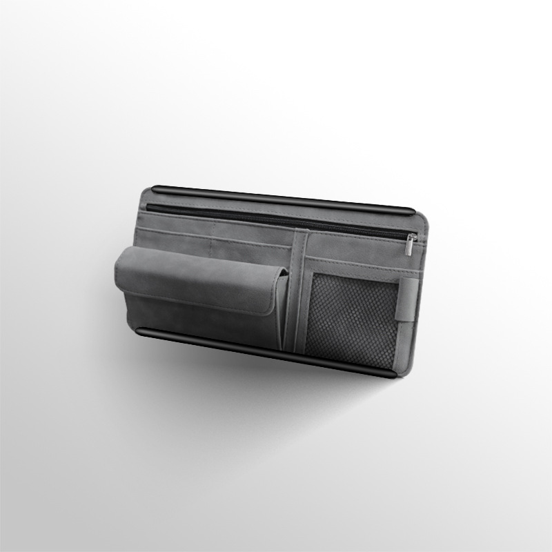 Grey Faux Suede Car Sun Visor Organizer with Spring Strap - Multi-Functional Eyewear Case & Card Holder