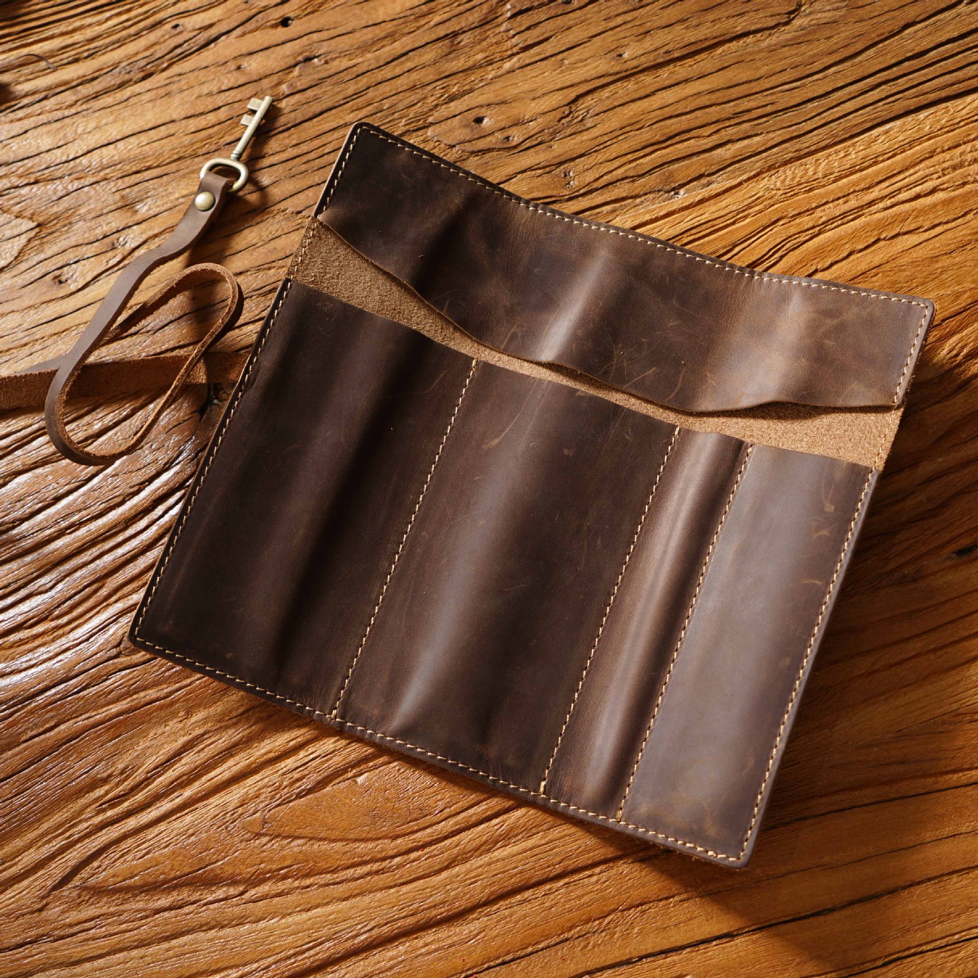 Coffee Genuine Crazy Horse Leather Pencil Roll Case Vintage Pen Wrap Stationery Organiser Pouch with Strap & Charm 4 Slots for Artists