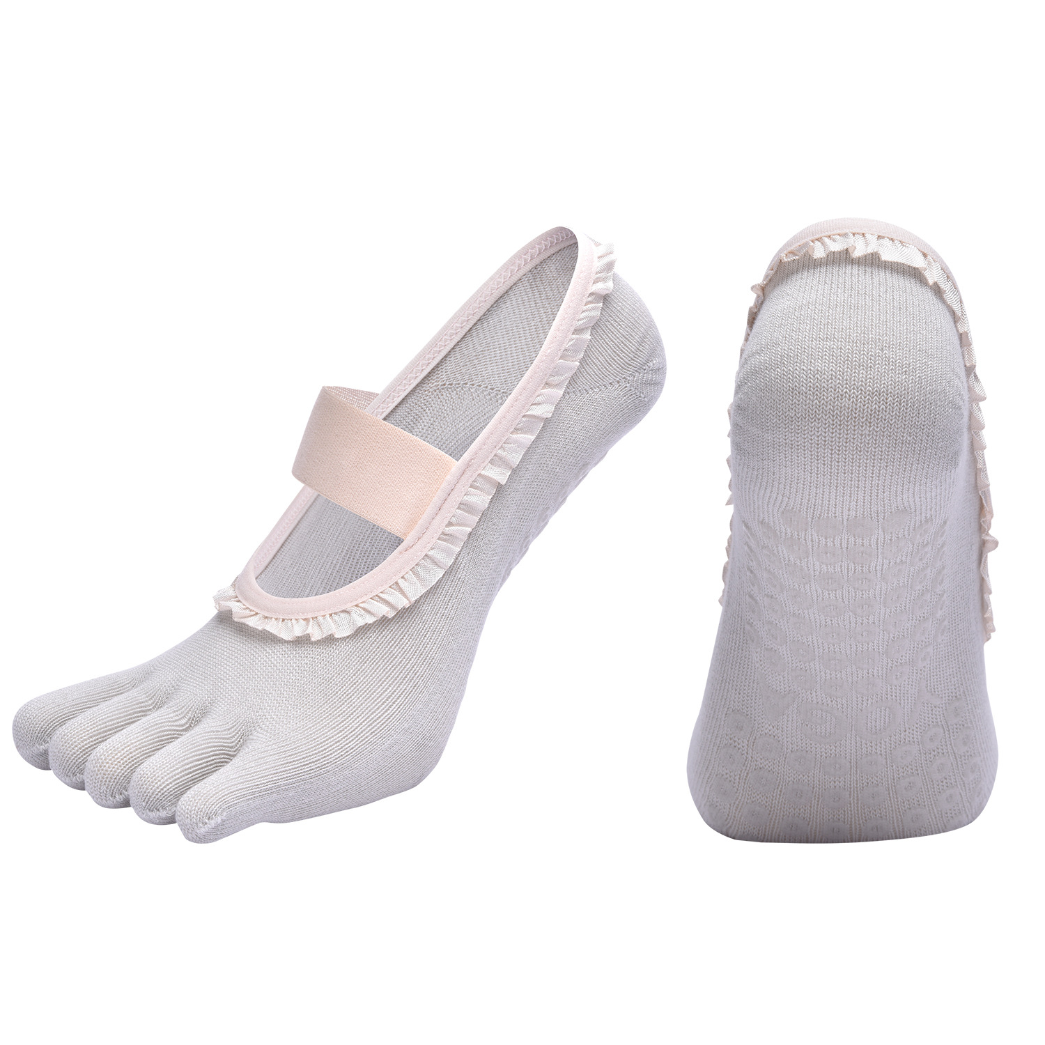 Grey 2pcs Women%27s 5-Finger Ballet Style Yoga Socks - Non-Slip Grip Pilates & Dance Socks with Elegant Lace Trim and Elastic Cross Strap Grey 2pcs Women%27s 5-Finger Ballet Style Yoga Socks - Non-Slip Grip Pilates & Dance Socks with Elegant Lace Trim and Elastic Cross Strap