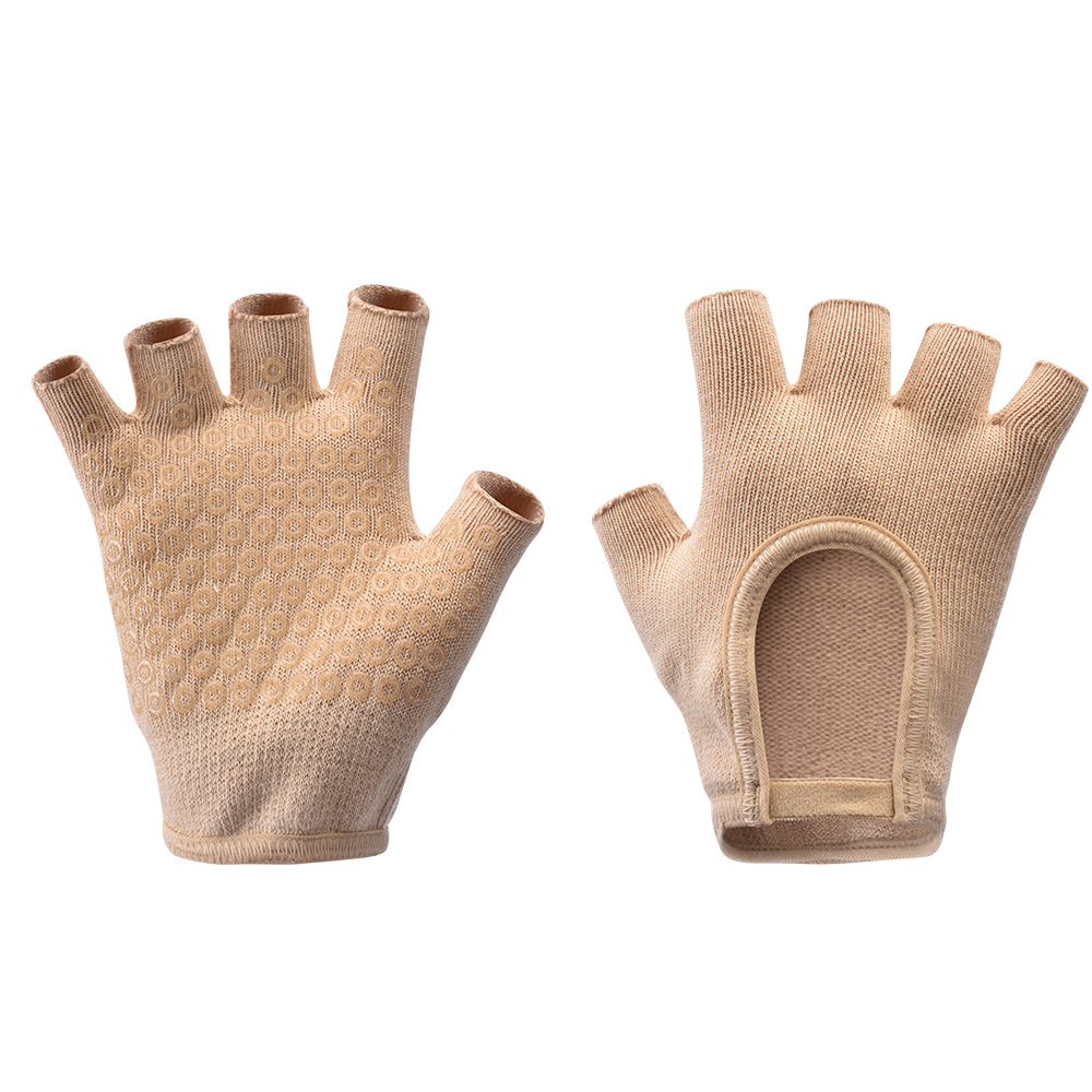 Beige 2-Pack Women%27s Non-Slip Yoga Gloves - Open Back Half Finger Cotton Stretchy Grip Gloves for Aerial Yoga
