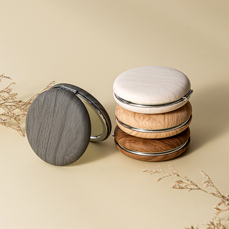 2 Pcs Beige Portable Wooden-Style Makeup Mirror - Dual-Sided High-Definition Compact Mirror