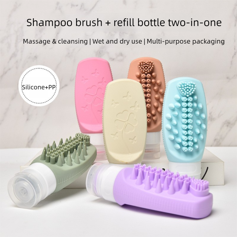Purple Travel Silicone Refillable Bottle Set – Multi-Functional Soft-Squeeze Dispenser with Built-in Brush (3-Pack)