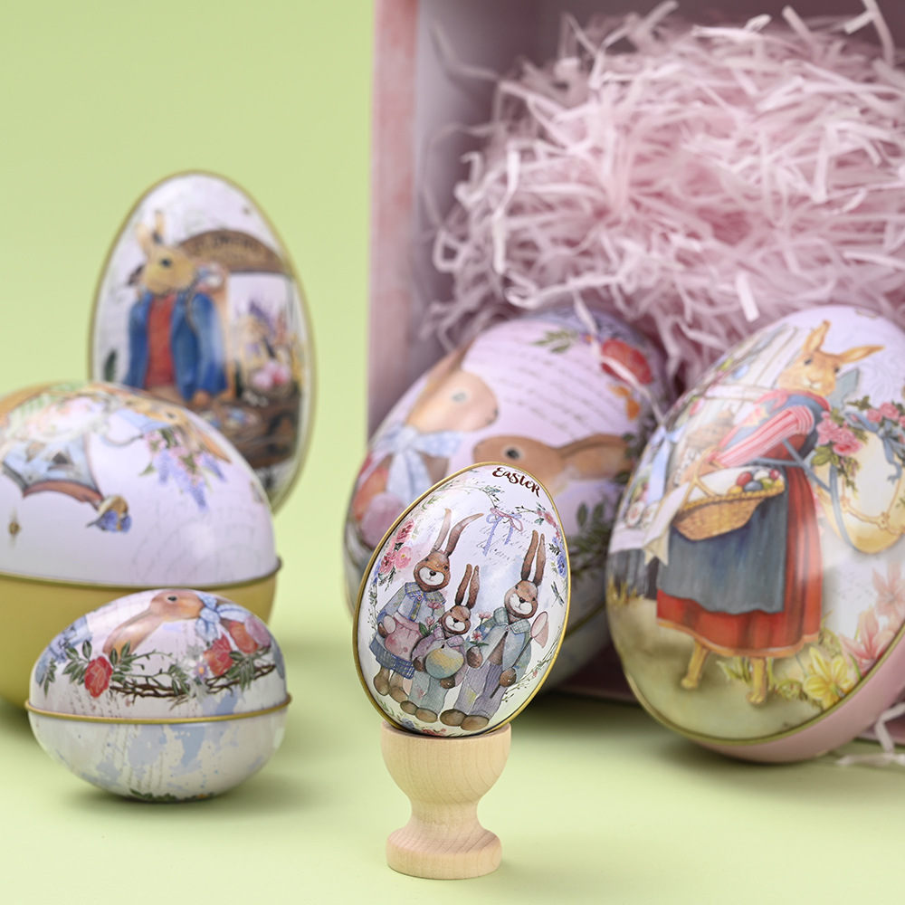 Easter Decorative Tin Egg Set of 3 Sizes with Vintage Rabbit Artwork for Home Display and Gift Giving(Style A)
