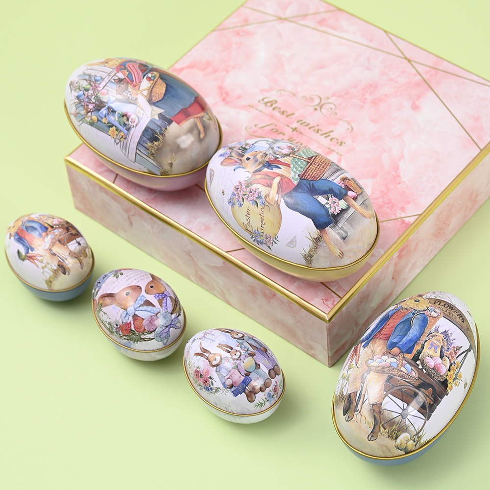 Easter Decorative Tin Egg Set of 3 Sizes with Vintage Rabbit Artwork for Home Display and Gift Giving(Style F)