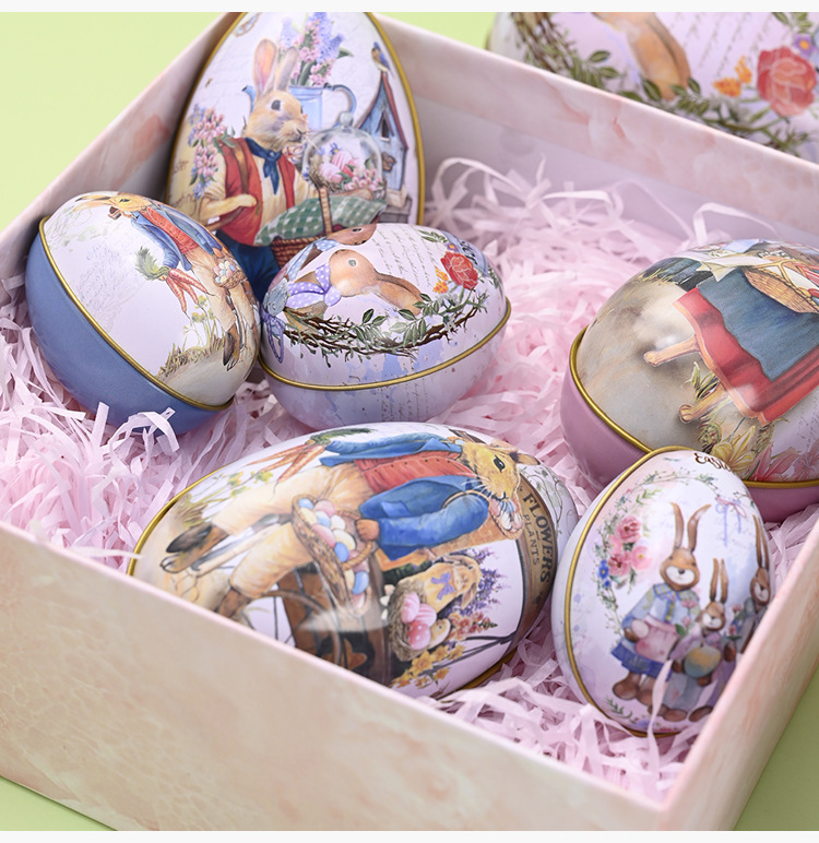 Easter Decorative Tin Egg Set of 3 Sizes with Vintage Rabbit Artwork for Home Display and Gift Giving(Style F)