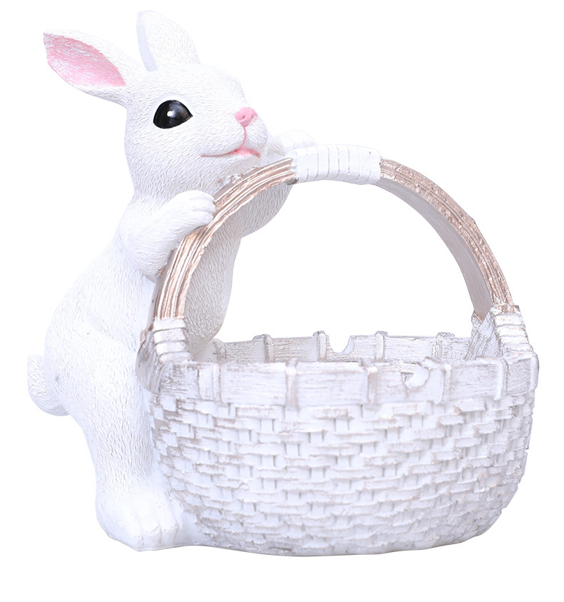 White Easter Rabbit Resin Decor with Basket – Festive Home Ornament for Spring and Holiday Display