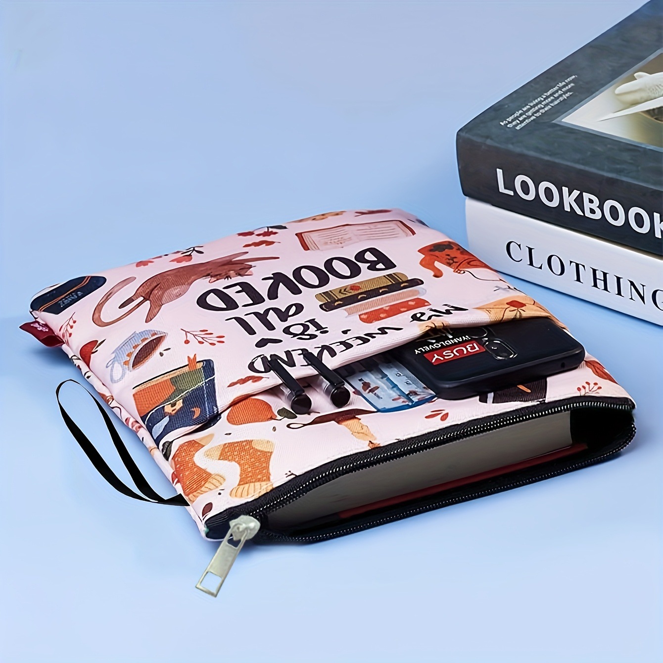 Cat Flowers Zippered Book Sleeve with Printed Design – Waterproof Protective Cover for Books