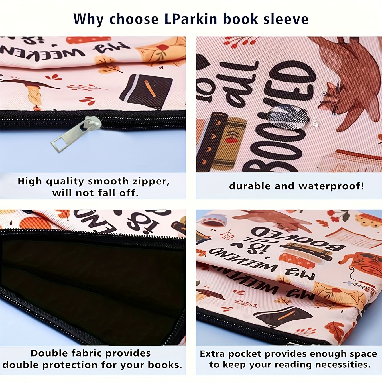 Cats books Zippered Book Sleeve with Printed Design – Waterproof Protective Cover for Books