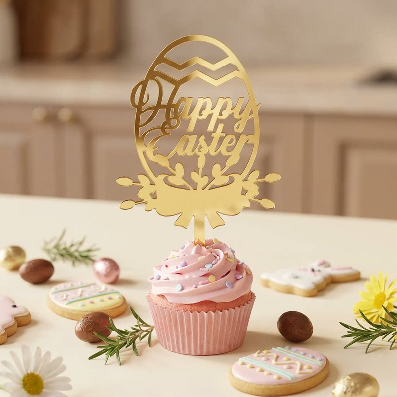 10-Piece Set of Elegant Easter Cake Toppers – Gold Acrylic "Happy Easter" Decorations with Bunny & Egg Designs